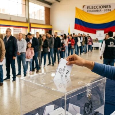 Mujer depositando su voto en una urna transparente durante las elecciones en Colombia, con una fila de votantes al fondo
