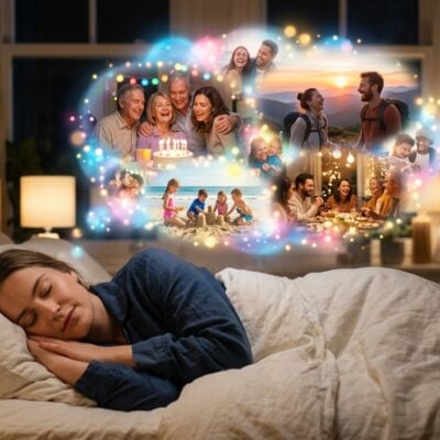 Mujer durmiendo plácidamente en su cama, soñando con recuerdos felices de su familia y amigos