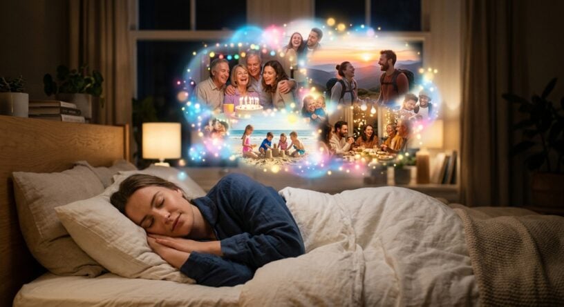 Mujer durmiendo plácidamente en su cama, soñando con recuerdos felices de su familia y amigos