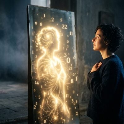 Mujer observa su reflejo como una silueta de luz rodeada de números en un espejo dentro de una habitación mística
