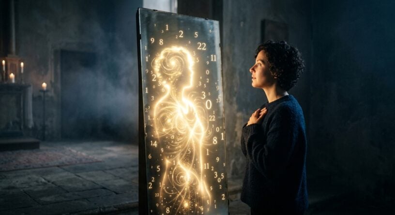 Mujer observa su reflejo como una silueta de luz rodeada de números en un espejo dentro de una habitación mística