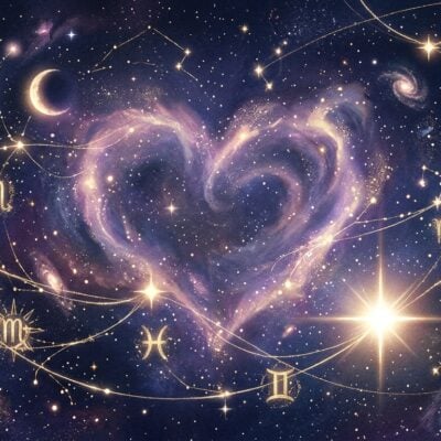 Nebulosa en forma de corazón rodeada de estrellas, constelaciones y símbolos astrológicos dorados en el espacio
