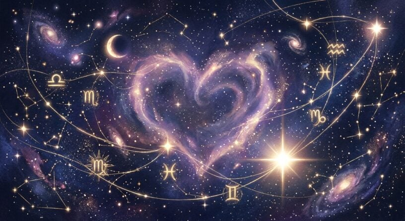 Nebulosa en forma de corazón rodeada de estrellas, constelaciones y símbolos astrológicos dorados en el espacio
