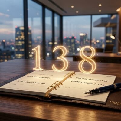 Números 138 brillantes sobre una agenda abierta en una oficina moderna con vista nocturna a la ciudad