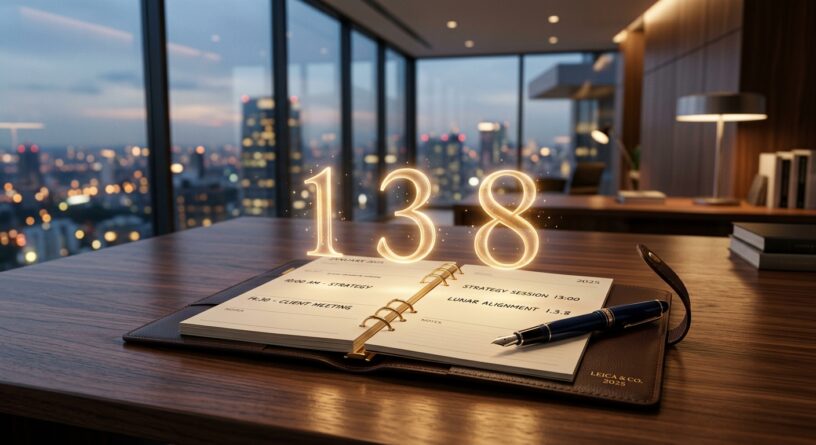 Números 138 brillantes sobre una agenda abierta en una oficina moderna con vista nocturna a la ciudad