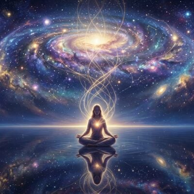 Persona meditando sobre el agua bajo una galaxia brillante, simbolizando la conexión espiritual con el universo