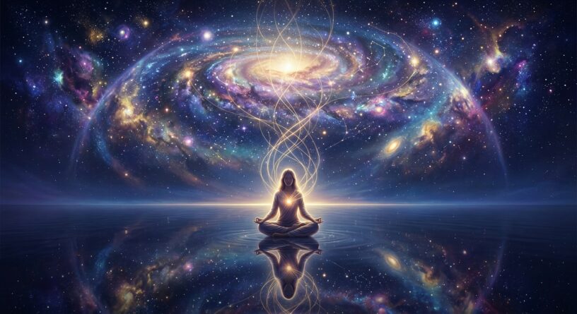 Persona meditando sobre el agua bajo una galaxia brillante, simbolizando la conexión espiritual con el universo