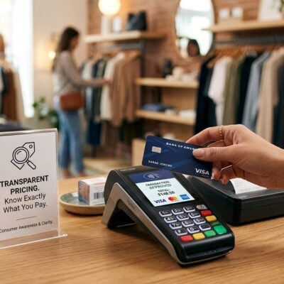 Persona pagando con tarjeta de crédito en un datáfono junto a un letrero de precios transparentes en una tienda