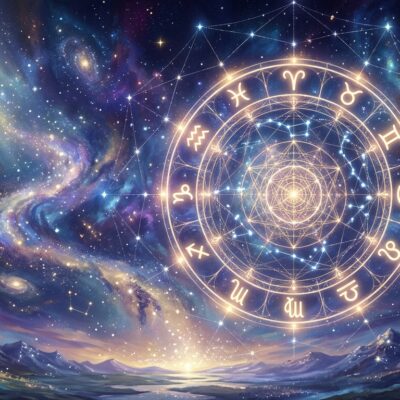 Rueda del zodiaco brillante en un cielo cósmico estrellado sobre un paisaje de montañas