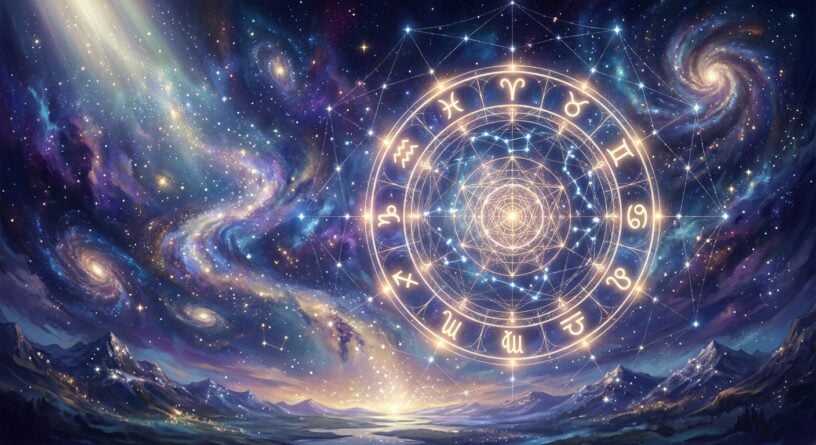 Rueda del zodiaco brillante en un cielo cósmico estrellado sobre un paisaje de montañas