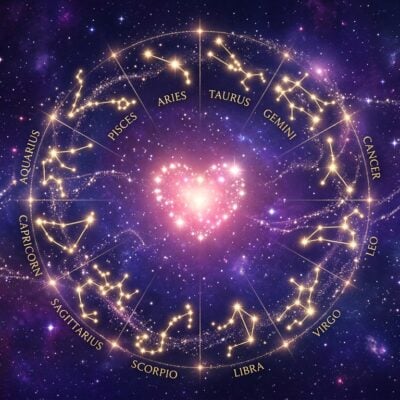 Rueda del zodiaco con constelaciones y nombres de los signos rodeando un corazón brillante en el espacio