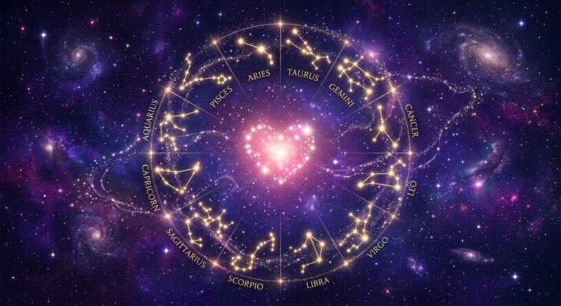 Rueda del zodiaco con constelaciones y nombres de los signos rodeando un corazón brillante en el espacio