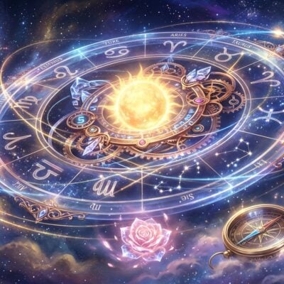 Rueda del zodiaco con símbolos astrológicos y un sol brillante en el centro, flotando en el cosmos con una brújula