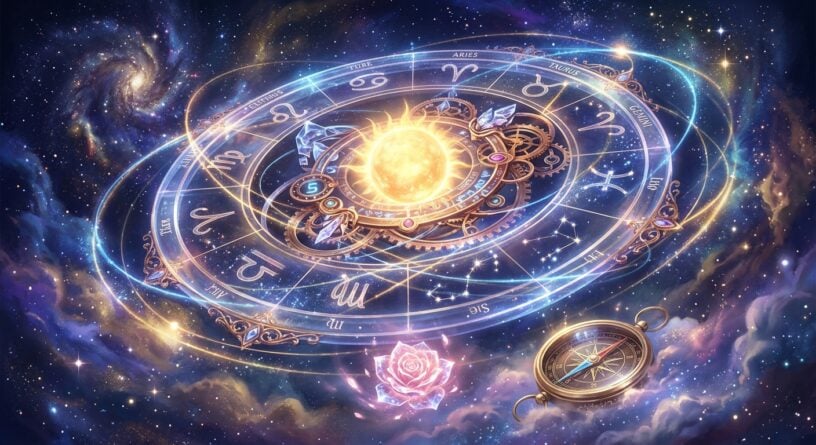 Rueda del zodiaco con símbolos astrológicos y un sol brillante en el centro, flotando en el cosmos con una brújula