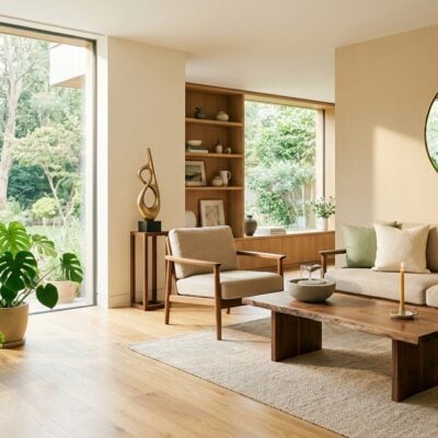 Sala moderna y luminosa con muebles de madera, plantas de interior y grandes ventanales con vista al jardín