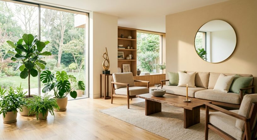 Sala moderna y luminosa con muebles de madera, plantas de interior y grandes ventanales con vista al jardín