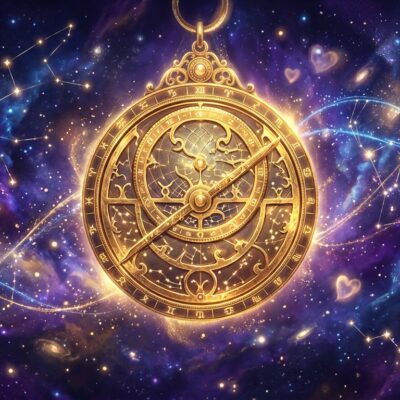 Astrolabio dorado flotando en un fondo cósmico con estrellas, nebulosas púrpuras y constelaciones