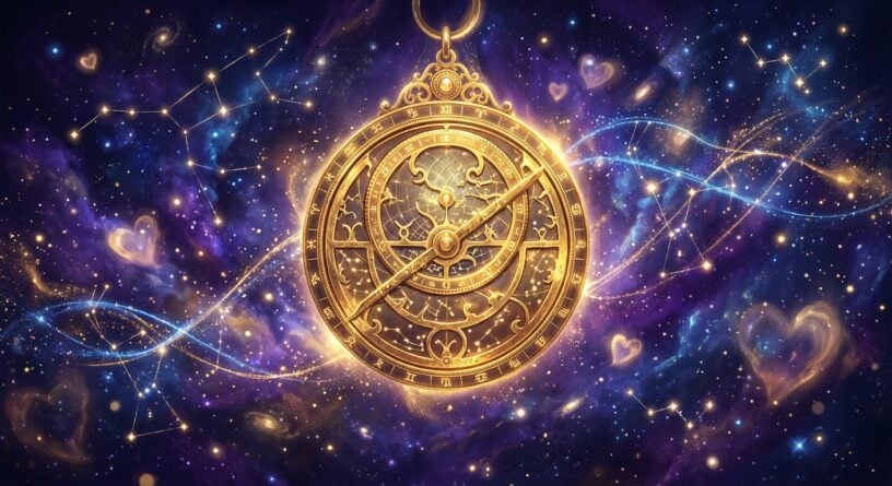 Astrolabio dorado flotando en un fondo cósmico con estrellas, nebulosas púrpuras y constelaciones