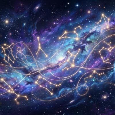Constelaciones doradas brillantes conectadas por líneas sobre un fondo de nebulosa cósmica azul y morada