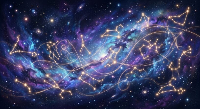Constelaciones doradas brillantes conectadas por líneas sobre un fondo de nebulosa cósmica azul y morada