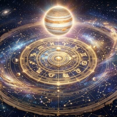El planeta Júpiter flotando sobre una rueda astrológica dorada con signos del zodiaco en el espacio estrellado
