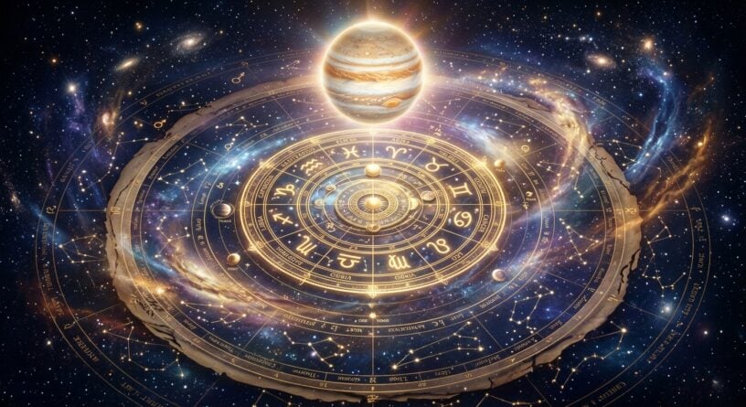 El planeta Júpiter flotando sobre una rueda astrológica dorada con signos del zodiaco en el espacio estrellado
