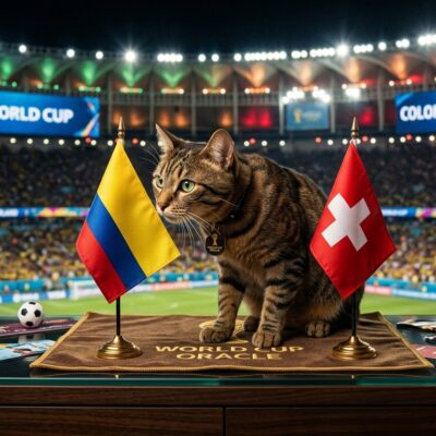 Gato atigrado como oráculo del Mundial, sentado entre las banderas de Colombia y Suiza en un estadio de fútbol