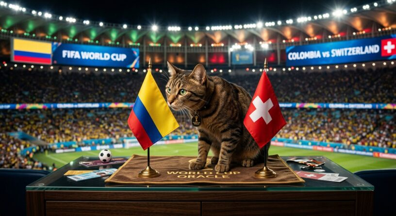 Gato atigrado como oráculo del Mundial, sentado entre las banderas de Colombia y Suiza en un estadio de fútbol