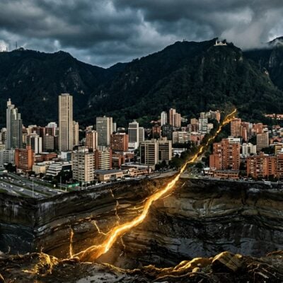 Grieta dorada y brillante que divide la ciudad de Bogotá, con los cerros orientales y Monserrate al fondo