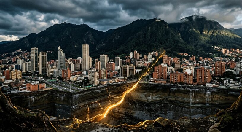 Grieta dorada y brillante que divide la ciudad de Bogotá, con los cerros orientales y Monserrate al fondo