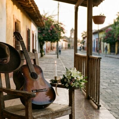 Guitarra y sombrero en una silla de madera en un porche colonial, con un ramo de flores y una calle empedrada al fondo