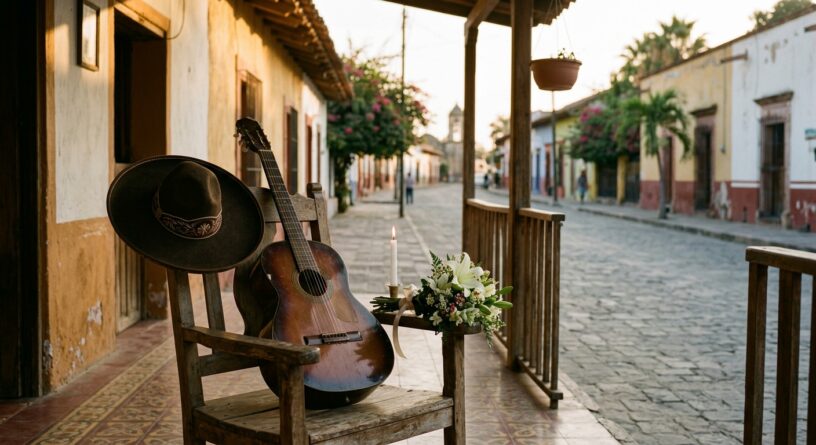 Guitarra y sombrero en una silla de madera en un porche colonial, con un ramo de flores y una calle empedrada al fondo