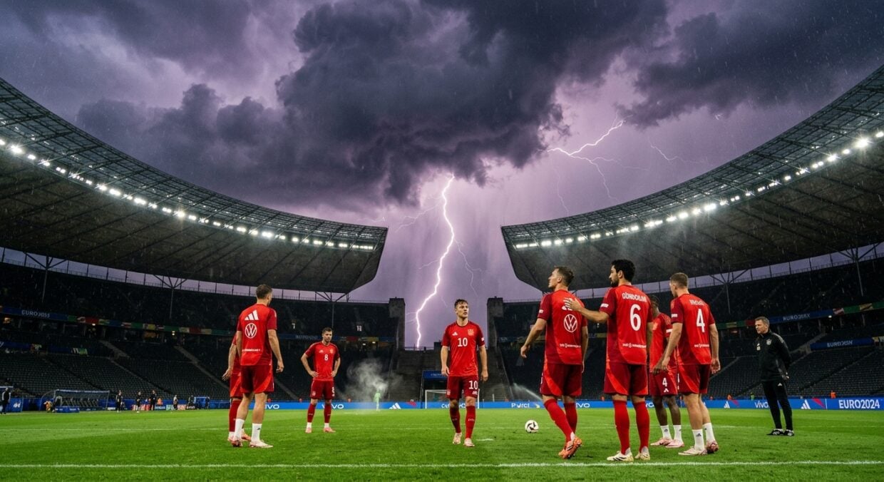 Jugadores de fútbol en la cancha de un estadio bajo un cielo tormentoso con un relámpago de fondo
