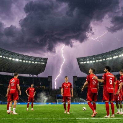 Jugadores de fútbol en la cancha de un estadio bajo un cielo tormentoso con un relámpago de fondo