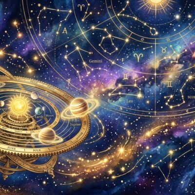 Modelo mecánico del sistema solar junto a constelaciones del zodiaco sobre un fondo cósmico estrellado