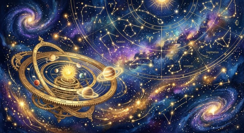 Modelo mecánico del sistema solar junto a constelaciones del zodiaco sobre un fondo cósmico estrellado