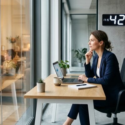 Mujer en una oficina mira el reflejo de su familia en casa, representando el equilibrio entre trabajo y vida personal