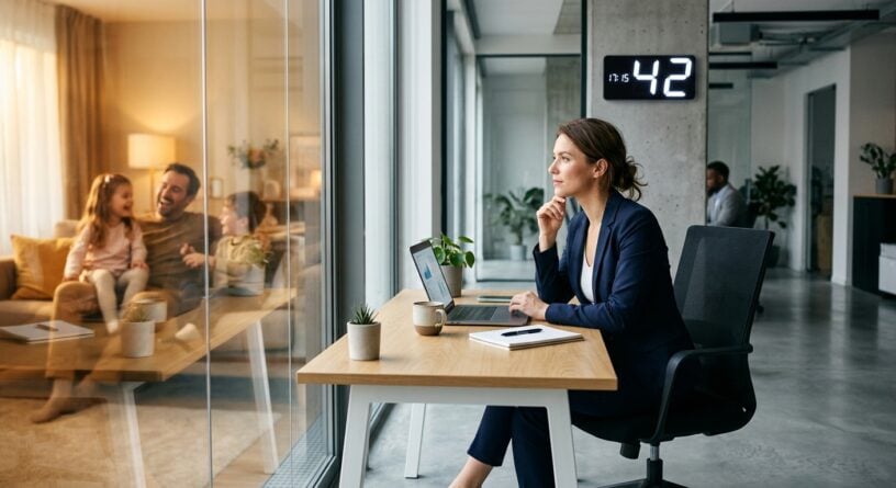 Mujer en una oficina mira el reflejo de su familia en casa, representando el equilibrio entre trabajo y vida personal