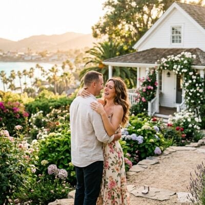 Pareja abrazada y sonriente en un jardín florido frente a una cabaña blanca, con el mar de fondo al atardecer