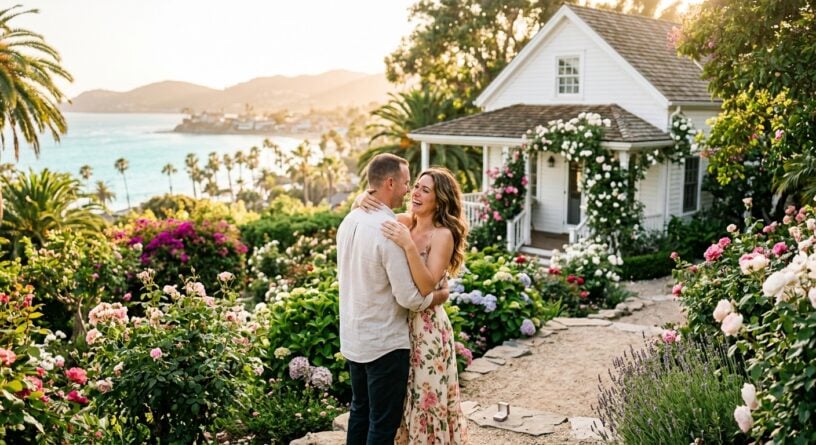 Pareja abrazada y sonriente en un jardín florido frente a una cabaña blanca, con el mar de fondo al atardecer