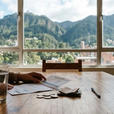 Persona revisando una factura en una mesa con monedas, billetes y un vaso de agua, con montañas de fondo