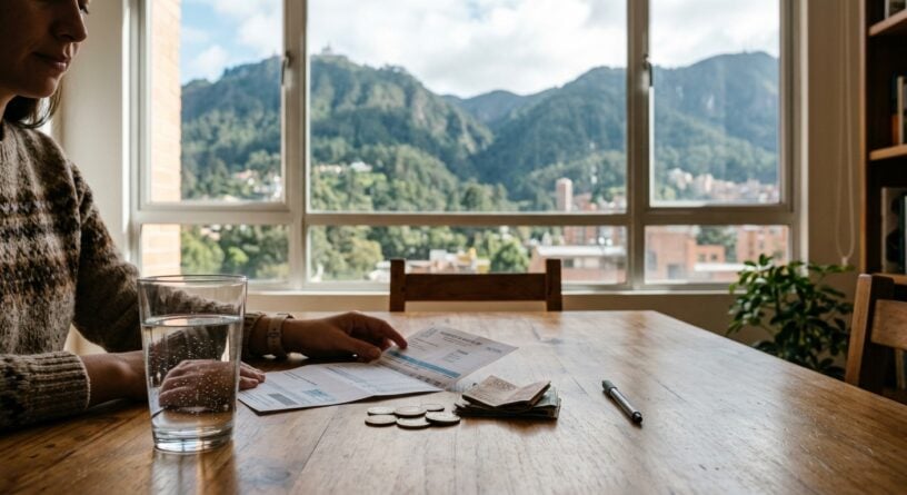 Persona revisando una factura en una mesa con monedas, billetes y un vaso de agua, con montañas de fondo