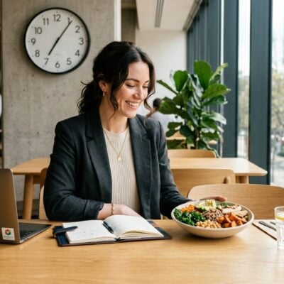 Profesional sonriente en una oficina con su laptop, libreta y un tazón de comida saludable