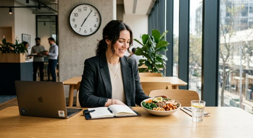 Profesional sonriente en una oficina con su laptop, libreta y un tazón de comida saludable