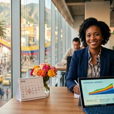 Profesional sonriente en una oficina con un portátil que muestra crecimiento financiero y un calendario del 20 de julio
