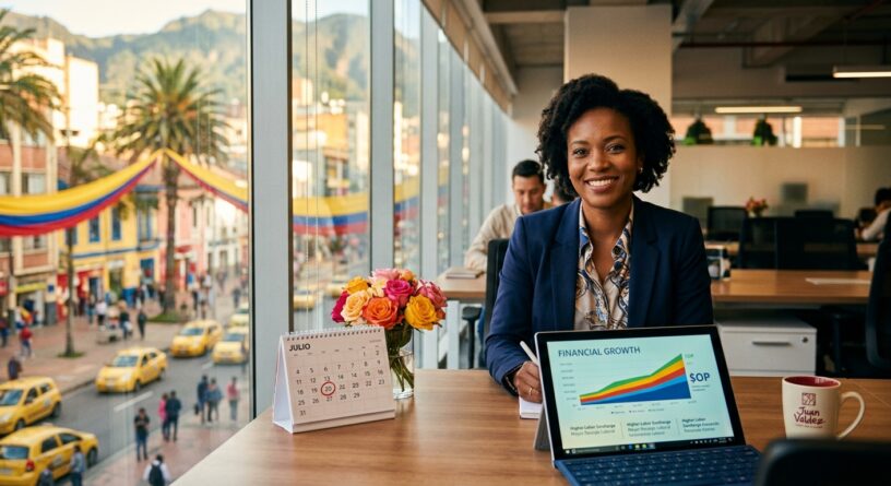 Profesional sonriente en una oficina con un portátil que muestra crecimiento financiero y un calendario del 20 de julio