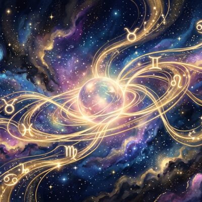 Representación cósmica del zodiaco con símbolos astrológicos y constelaciones doradas flotando en una nebulosa