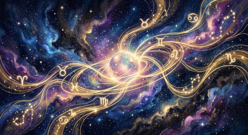 Representación cósmica del zodiaco con símbolos astrológicos y constelaciones doradas flotando en una nebulosa