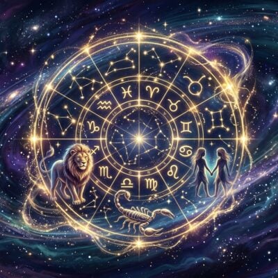 Rueda del zodiaco brillante con constelaciones y símbolos astrológicos sobre un fondo de galaxia cósmica