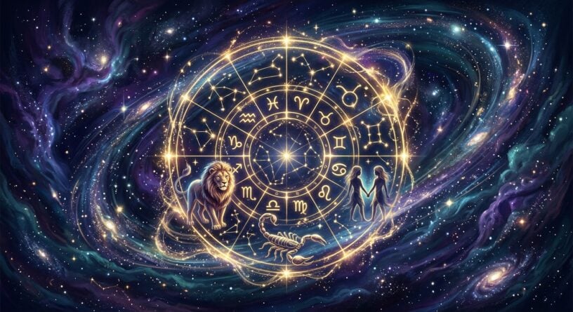 Rueda del zodiaco brillante con constelaciones y símbolos astrológicos sobre un fondo de galaxia cósmica